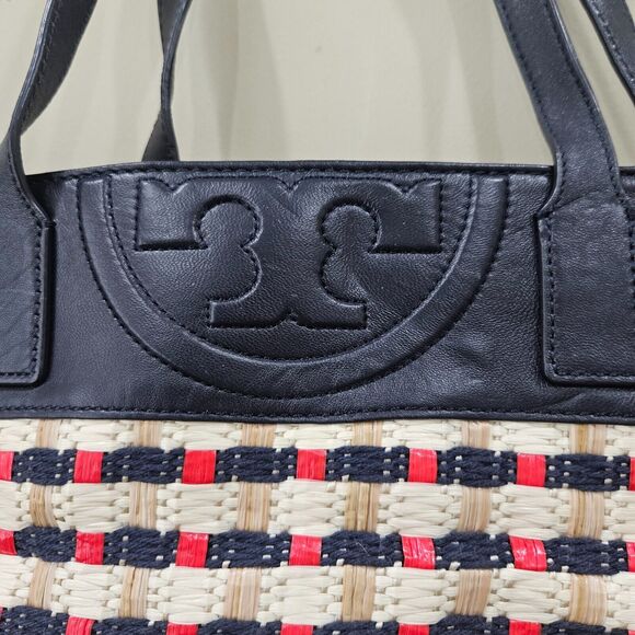 Tory Burch Raffia Woven Straw Leather Tote Bag Multicolor Picnic Beach Casual - Picture 3 of 16
